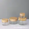 Tarro de crema transparente con tapa de bambú, frasco de vidrio sellado para crema de ojos y crema facial, frasco de recarga cosmética, tarro para ungüentos, frasco de muestra