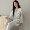 Conjunto de Pijama Feminino de Outono 2026: Cardigã Fino de Algodão Elástico com Mangas Longas e Calça Longa para Usar em Casa