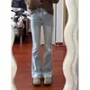 Jeans Bootcut Gruesos Cálidos de Terciopelo Azul Claro para Mujer Invierno 2025 Nuevos Pantalones de Cintura Alta Ajustados Acampanados