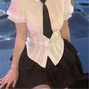 Camisa de Manga Corta de Cintura Alta Estilo Francés Verano Chica Caliente Manga Burbuja Dulce Picante Ajustada a la Cintura Top Negro Vestido Tutú de Princesa Set