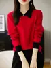 Suéter de Punto de Lana 100% de Manga Larga para Mujer, Color Bloqueado, Cuello Solapa, Moda Primavera, Elegante y Rejuvenecedor, Botón Único