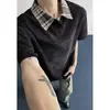 Camiseta listrada diagonal de manga curta para homens, estilo high street americano, marca da moda de verão, top casual solto com efeito de duas peças, camisa polo patchwork