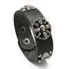 Pulseira Larga de Couro com Caveira Punk Estilo Motociclista Masculino Fecho de Liga Metálica Joia de Mão Acessórios de Personalidade Rock Venda por Atacado