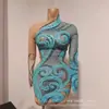 Vestido de Malla Europea y Americana con Pedrería para Mujer, Fiesta de Cumpleaños, Manga Larga, Transparente, Azul Cielo, Sexy, Atuendo para Baile de Graduación