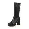 Botas de mujer de comercio exterior europeo y americano 2026, plataforma impermeable, talla 40-50, talla grande, tacón alto, cremallera lateral, hebilla de cinturón, botas de caña alta