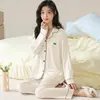 Pijama feminino algodão novo calça de manga comprida cardigã de lapela primavera e outono avançado casual desenho animado roupa de casa conjunto