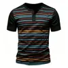 Camisa Henle com Estampa Listrada Masculina Verão Casual Botão Camiseta Moda Solta Manga Curta Roupa Masculina