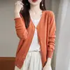 Moda V-neck liso color sólido lana peinada manga larga adelgazante para commuting primavera y verano delgado mujer hebilla cárdigan tejido
