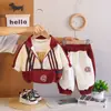 Conjunto casual estilo coreano para niños, edades de 1 a 5 años, nueva colección de otoño, de manga larga, diseño tridimensional, medio cierre, con una bolsa cruzada a juego, estilo moderno