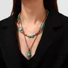 Collar de Moda Transfronterizo Europeo y Americano Bohemio Concha de Coco Turquesa Cuero Cordón de Cera Cadena para Suéter Retro Encadenado en Capas Cadena para Clavícula Mujer