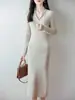 Elegante vestido de lana pura con cuello verde para mujer, vestido largo ajustado de punto acanalado para otoño e invierno, adecuado para el trabajo y para usar en capas
