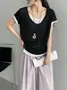 Então O Ar Condicionado Portátil Tencel Falso Duas Peças Manga Curta Emagrecedor Feminino Estilo Coreano Decote V Bloco de Cores Patchwork Camiseta N8726