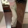 Jeans Casual Feminino de Outono de Cintura Alta Khaki com Cós de Botão Duplo e Perna Larga
