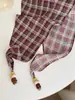 Cachecol de Lã Xadrez Retrô Estilo Academia com Contas para Mulheres, Cachecol de Seda para Mulheres, Cachecol Decorativo de Uso Múltiplo para Primavera e Verão, Lenço de Cabeça, Acessório de Cinto de Cintura