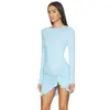 Vestido francés de manga larga para mujer, estilo europeo y americano, con cuello redondo, detalle de torsión lateral, ribete de volantes, abertura, corte ajustado, minivestido ajustado al cuerpo