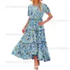 Vestido largo plisado con estampado floral y mangas abullonadas para mujer, primavera y verano 2024, estilo transfronterizo, estilo europeo y americano