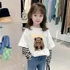 Nova Camiseta Top de Manga Longa Color Block de Algodão Puro para Primavera e Outono para Meninos e Meninas, Camiseta Base Estilosa Falsa de Duas Peças
