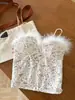 Camisola de Encaje con Plumas de Moda con Copas y Espalda Fruncida para Mujer, Top Corto Ajustado para Usar con Otras Prendas