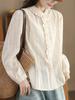 Blusa Bordada 100% Algodão, Estilo Doce Coreano para o Dia a Dia, com Babados e Bordados Completos, Nova Camisa de Manga Longa para Primavera e Outono para Mulheres