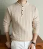 Suéter de Tricô Pesado 570g com Gola Henry, Suéter Grosso da Moda, Suéter Quente Casual Masculino, Tendência
