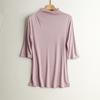 Blusa Top Feminina de Seda com Manga Curta 2024 Verão Nova Cor Lisa Roupa de Trabalho Gola Alta Ombro Franzido Manga Meia Manga para Mulheres
