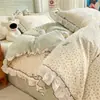 Exportar a Corea del Sur juego de ropa de cama de encaje 100% algodón estilo coreano calmante de cuatro piezas con volantes florales pequeños, juego de tres piezas de algodón puro