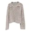 Cardigã de Tricô Feminino para Primavera e Outono com Crochê Vazado Pesado, Gola Reversível, Mangas Longas, Estilo Versátil e Fashionável para Resort na Ilha