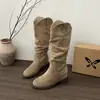 Botas Western de caña alta y tacón grueso Botas de cowboy apiladas de moda Puntera redonda V botas largas Zapatos retro para mujer Temporada Primavera y Otoño 2026