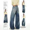 Jeans Largo Azul Vintage Estilo Americano para Mulheres, Novo Verão 2026 Cintura Alta Solto Emagrecedor Bordado Calça Reta