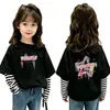 Camiseta de manga comprida para meninas, estilosa e moderna, algodão puro, top para o início do outono, casual estilo coreano, falsa peça dupla, camiseta infantil de desenho animado