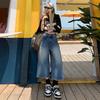 Calça jeans cropped de perna reta e caimento fluido, cintura alta, estilo retrô americano, solta e de perna larga, para mulheres, novo estilo de verão em azul