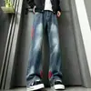 Calça jeans boca de sino de três listras estilo americano para homens, calça outono vibe high-street, marca da moda, legal e estilosa, calça reta color-block estilo de rua