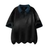Polo de media cremallera para hombre, de manga corta, diseño de dos piezas para verano, camiseta de color contrastante, top juvenil de seda helada para hombre