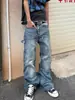 Jeans Masculino Casual Americano Cool Lavado Retrô Azul Claro Reta Solta High Street Calça Wide Leg Algodão