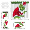 Juego de cortina de ducha impermeable con temática de Grinch, incluye cuatro piezas: cortina de ducha de poliéster, juego de baño impermeable y resistente al moho, y alfombrilla de baño