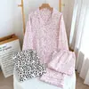 Pijama de gasa de doble capa de algodón puro para mujer, nuevo conjunto de ropa para el hogar de algodón 100% con estampado de leopardo estilo coreano, manga larga y pantalón largo para primavera y otoño