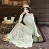 Conjunto de Duas Peças Moda Feminina: Top Protetor Solar Estilo Resort Romântico Boêmio Francês com Saia Longa Crochê Detalhado