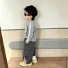 Ropa infantil estilo coreano conjunto para niños 2026 primavera y otoño traje versátil elegante gris estampado para niños