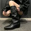 2026 Botas de Caballero del Oeste de Atmósfera Punta Aguda Tacón Grueso Piel Suave Apiladas Botas Largas Hebilla de Remache Botas Altas hasta la Rodilla para Mujer