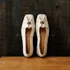 Zapatos de mujer de cuero estilo retro francés, color morado, punta cuadrada, tacón grueso, con hebilla dorada, corte bajo, estilo mocasín fruncido Mary Jane
