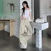 Calça Feminina Casual Retrô Americana Estilo Preguiçoso Cintura Elástica Perna Larga Corte Reto Caimento Solto Fina Confortável Comprimento Total