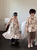 Vestido Infantil 2026 Verão Estilo Coreano Estampa Total Arte Manga Curta para Meninos e Meninas, Vestido Longo Regata sem Manga Infantil