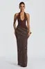Vestido Halter Ajustado de Escote Profundo en V con Lentejuelas, Vestido Largo Sirena Cruzado Fruncido, Ropa Elegante para Fiesta para un Look Sexy y Puro