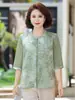 Moda mãe verão estampada gola alta camisa chiffon 2025 novo elegante top plus size feminino de meia-idade e idoso