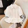Estilo 2025 Bainha Pétala Fofa Lapela Manga Longa Feminina Primavera Novo Branco Renda Camisa Top Moda e Versátil