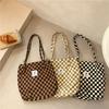 012174 Bolsa de Ombro Tote Xadrez de Veludo Cotelê Vintage Bolsa de Lona para Estudante Feminina Bolsa de Mão Simples