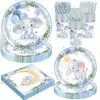 Conjunto de Louças de Mesa para Festa de Aniversário com Tema Elefante Azul Transfronteiriço Prato de Papel Decorativo Copo de Papel Guardanapo Conjunto de Sete Peças