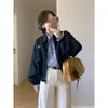 Jaqueta Curta Azul Marinho Estilo Tweed para Voo de Motocicleta Feminina Outono Inicial Solta Única e Bonita Jaqueta de Outono Inicial