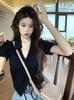 Camiseta de manga corta ajustada de estilo coreano con cuello en V para mujer, top ajustado de verano con interior adelgazante, elegante y negro corto.