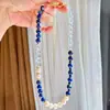 Colar de design de alta qualidade em pérola natural de água doce, cristal branco e lápis-lazúli, estilo francês, corrente para clavícula, corrente para suéter